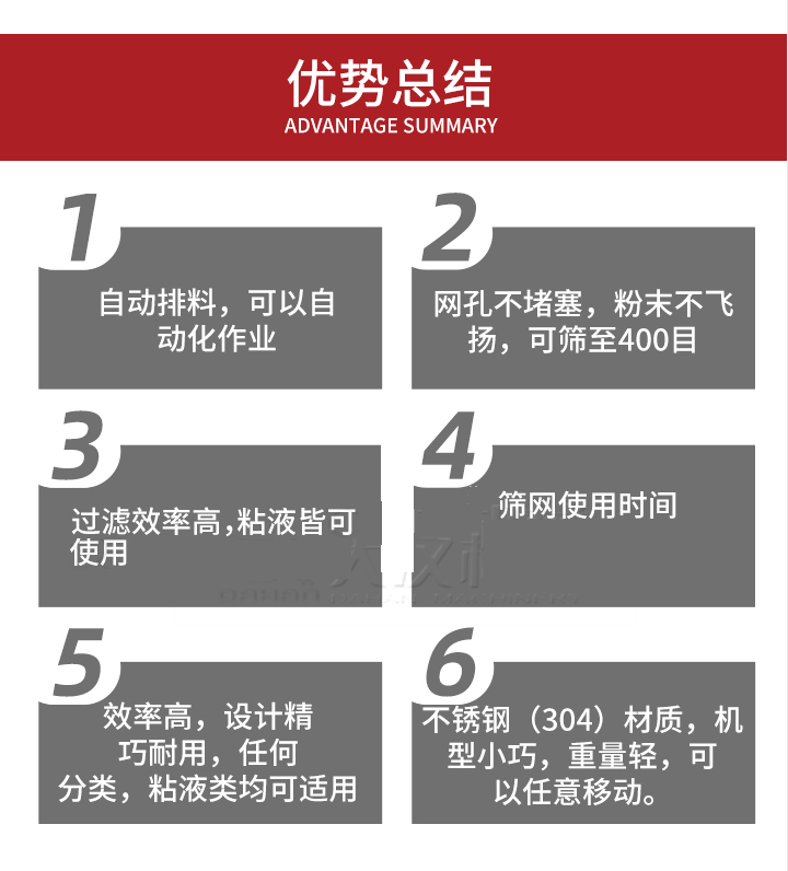 過濾篩優(yōu)勢總結(jié)：1，自動排料，可以自動化作用。2，網(wǎng)孔不堵塞，粉塵不飛揚(yáng)，可篩至400目。3，過濾效率高，任何粒，粉，粘液也可使用。4，篩網(wǎng)設(shè)計大大提高了篩網(wǎng)使用時間，也魏換網(wǎng)提高了方便。5，效率高，設(shè)計精巧耐用，任何分類設(shè)計精巧耐用，任何分類，粘液類均可適用。6，不銹鋼材質(zhì)機(jī)型小巧，重量輕，可以任意移動。