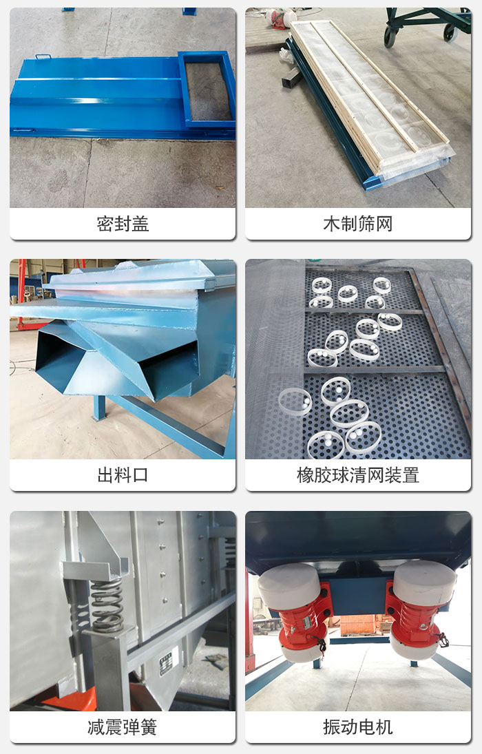 直線篩結(jié)構(gòu)展示：篩網(wǎng)，篩箱，振動電機，振動電機座，減震彈簧，支架等部件展示圖
