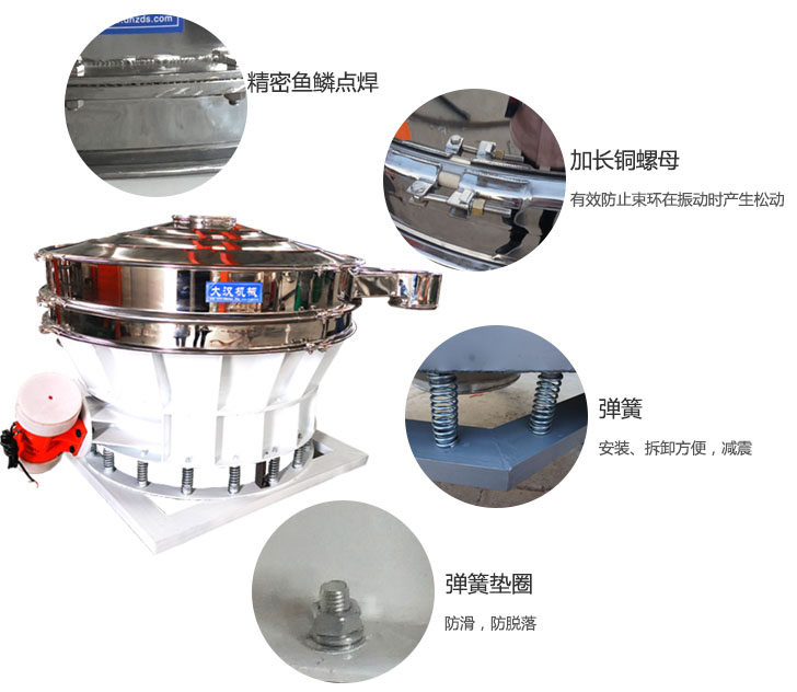 1500直排篩細(xì)節(jié)展示：彈簧，彈簧墊圈，加長銅螺母。