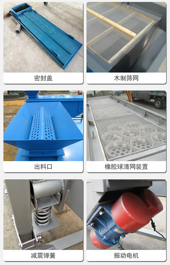 直線篩分機的結(jié)構(gòu)展示圖：篩箱是物料主要篩分設(shè)備之一，篩網(wǎng)用于篩分物料，振動電機幫助篩網(wǎng)篩分。