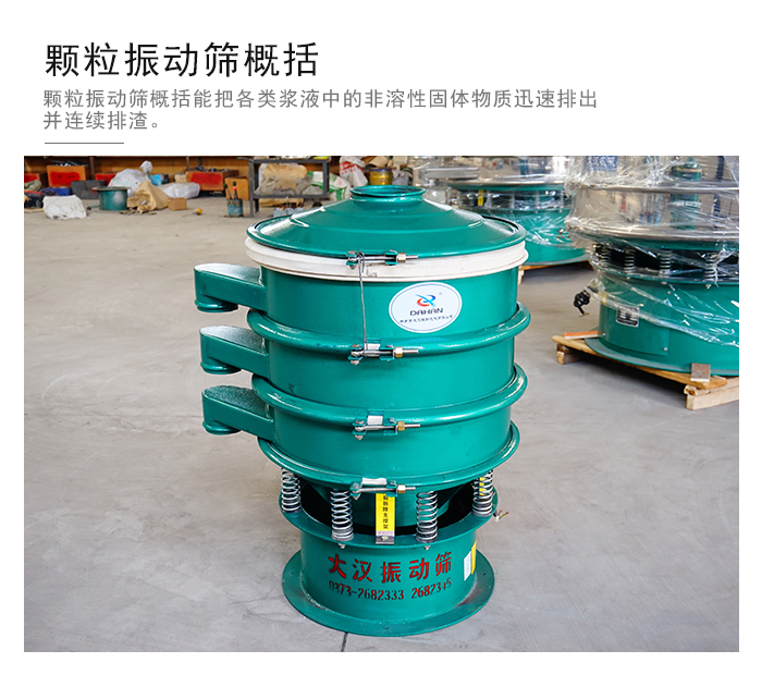 顆粒式振動篩是針對顆粒狀物料進行研發(fā)的，由于顆粒的形狀有很多的不同所以，廠家在清網(wǎng)裝置方面進行提升效率。
