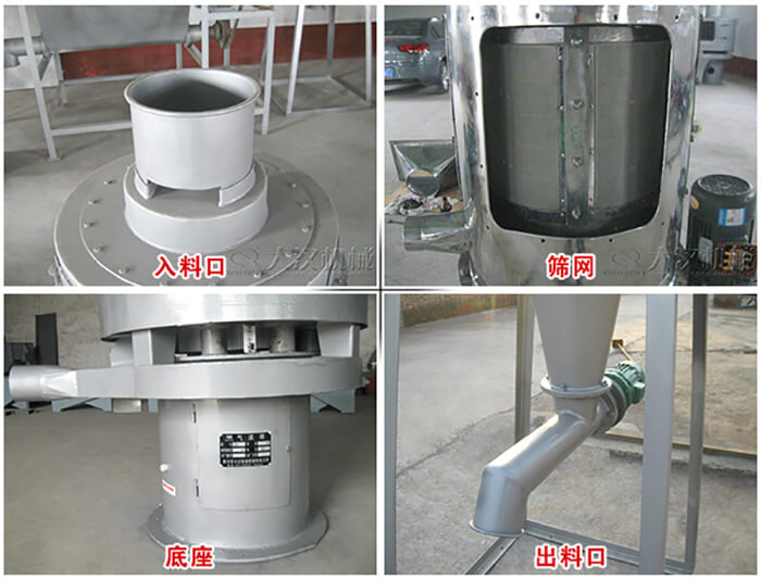 氣流篩部件展示：入料口，篩網(wǎng)，底座，出料口等。