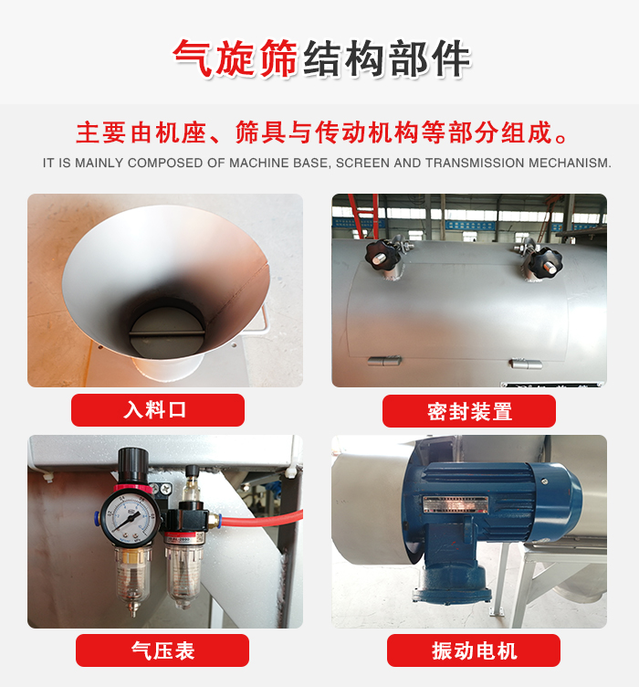 氣旋篩結(jié)構(gòu)：入料口，密封裝置，電機，氣壓表等