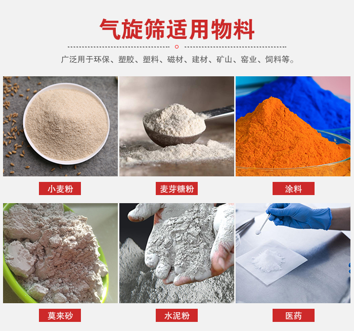 氣旋篩適用物料：小麥粉，麥芽糖粉，涂料，等粉狀物料。