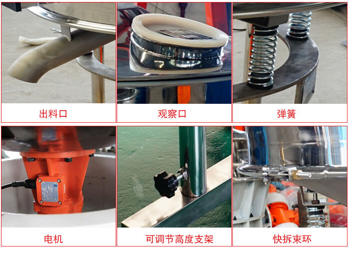 高頻篩細(xì)節(jié)展示：出料口，觀察口，彈簧，電機(jī)，可調(diào)節(jié)高度支架，快拆束環(huán)。